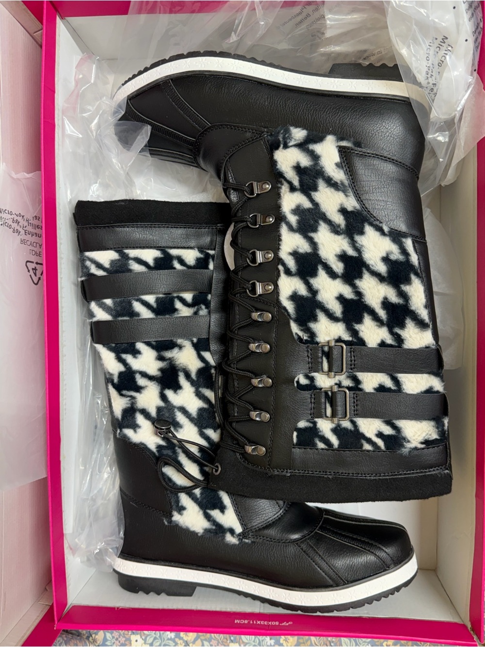 ShoeDazzle Esabell Houndstooth Lace-Up Tall Winter Snow Boots